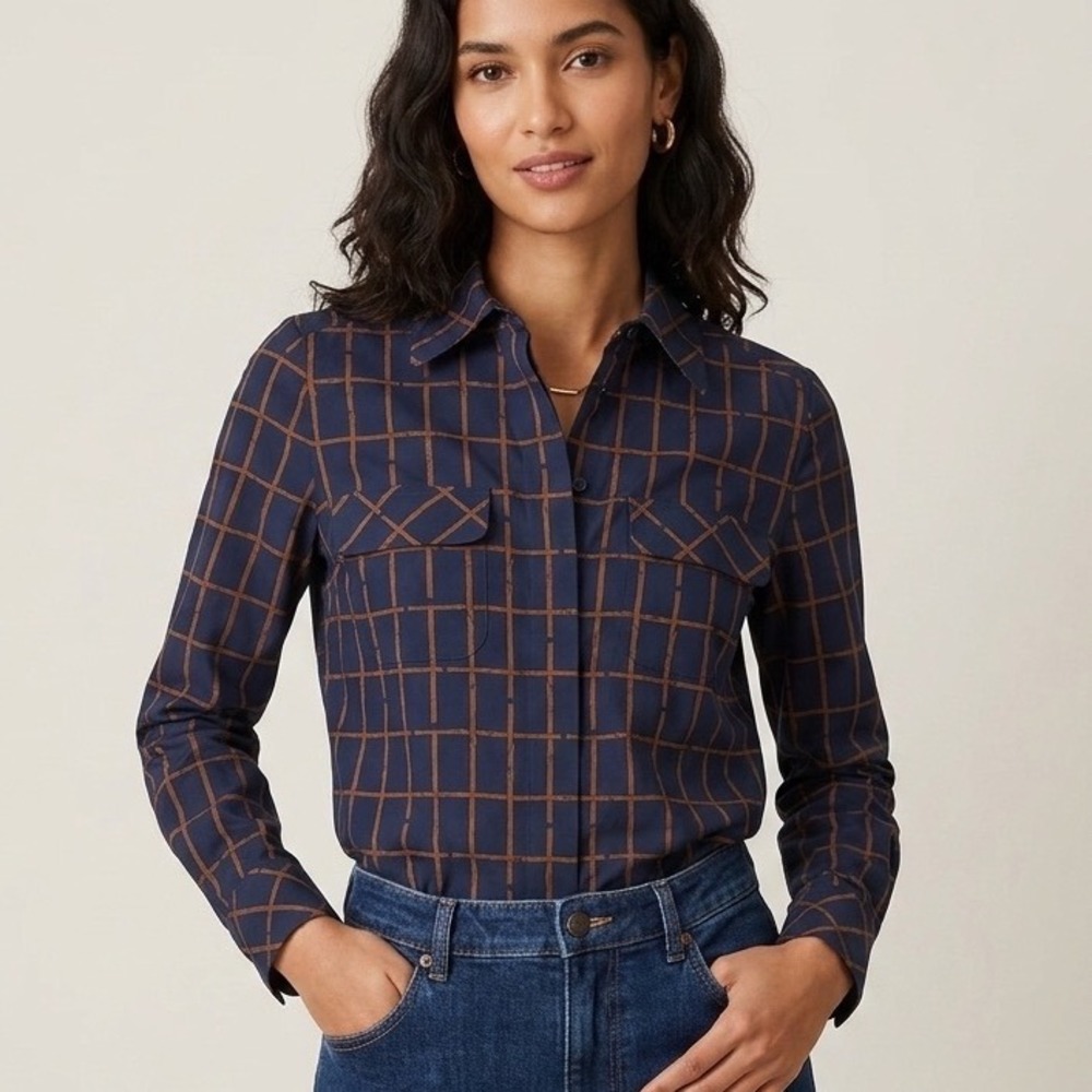 Tory Burch Windowpane Shirt Womens 2 Navy Blue Silk Blend Preppy Old Money Class